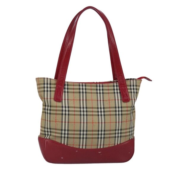 BURBERRY Nova Check Tote Bag Canvas Leather Beige Red - Picture 1 of 16